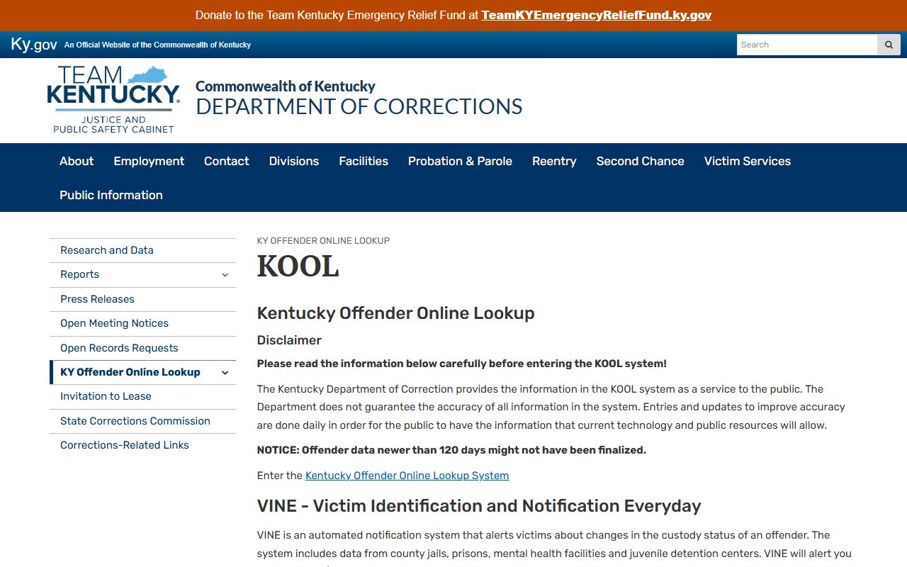 Knott County inmate records KOOL disclaimer and update notice